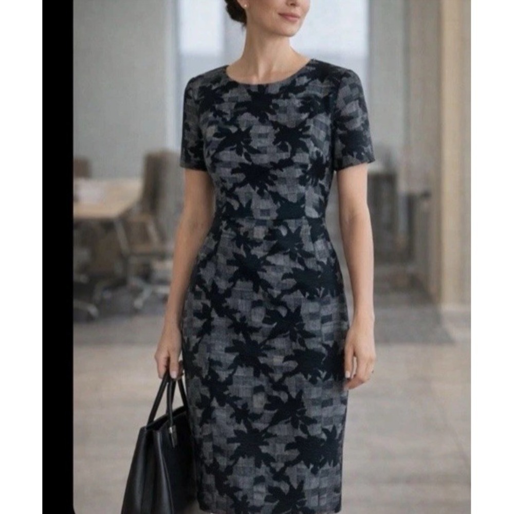BROOKS BROTHERS Sheath Dress Women Size 14 Black Gray Floral Plaid Knit Career